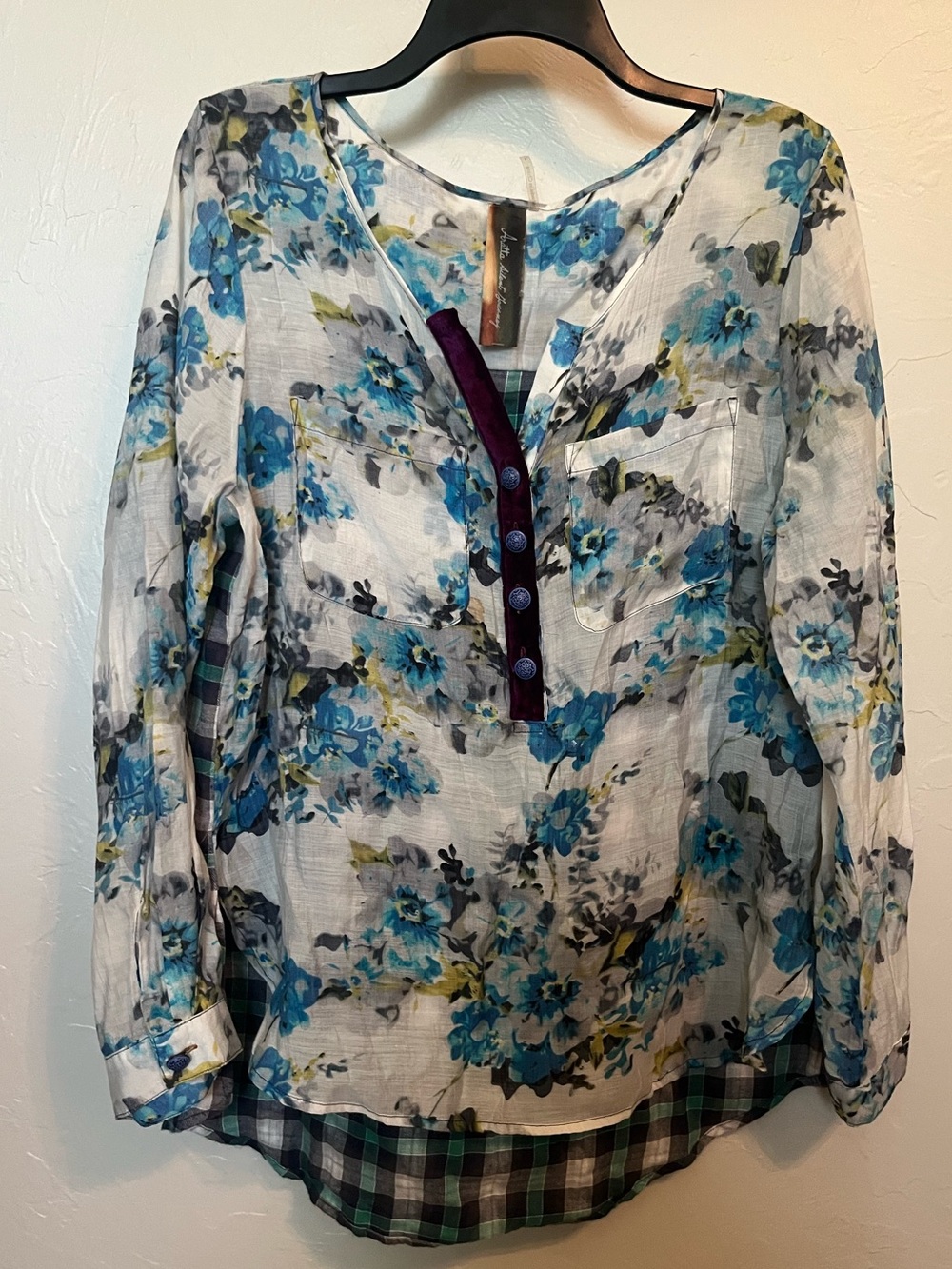 Aratta Silent Journey Mixed Media Floral Plaid
Tunic Top Sz L Boho Art to Wear